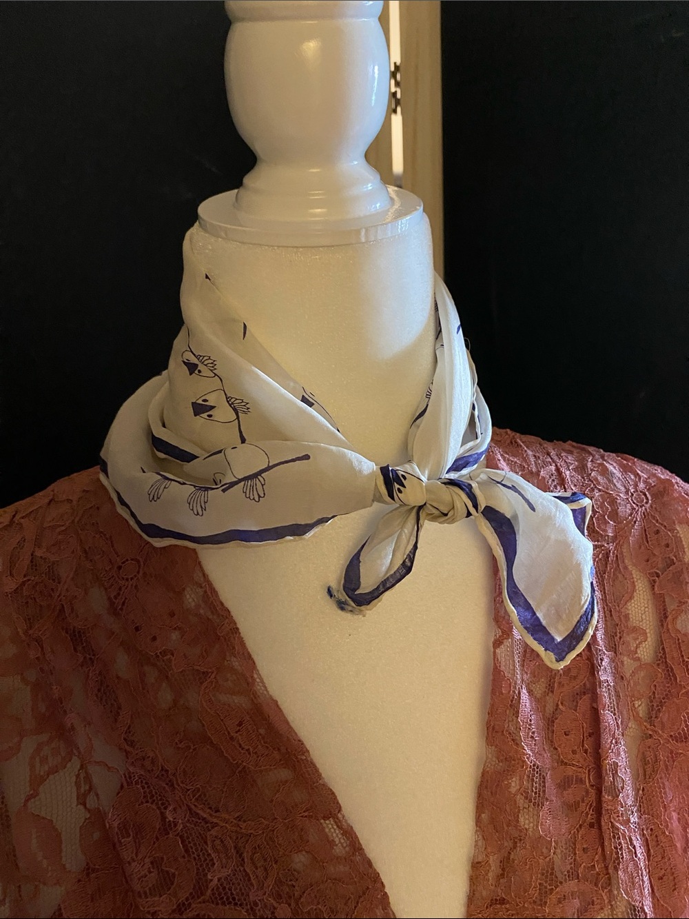 Vintage Silk Blend Hand Rolled imperfect Bird Print Scarf